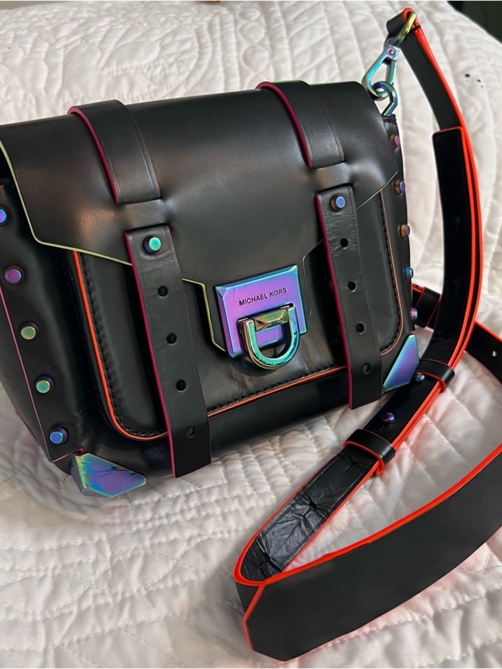 Michael Kors Black Shoulder Bag with Neon Trim and Iridescent Hardware